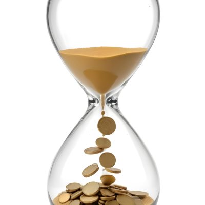 An Hourglass With Sand On The Top And Coins Falling Down To The Bottom White Background 5 0854
