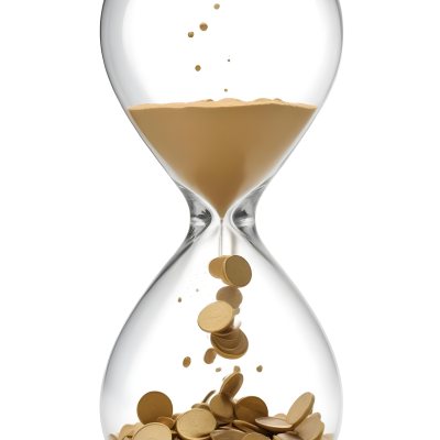 An Hourglass With Sand On The Top And Coins Falling Down To The Bottom White Background 6 1f48