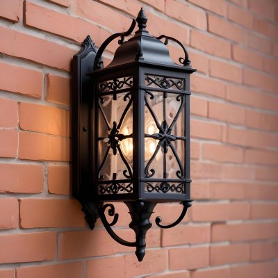 An Ornate Black Metal Outdoor Wall Sconce With A Glass Pane Design Mounted On A Brick Wall 6 44f6