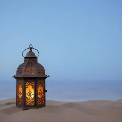 An Ornate Metal Lantern With Intricate Floral Cutouts Casting A Warm Glow On A Sandy Surface Against A Soft Gradient Blue Background 12 A885