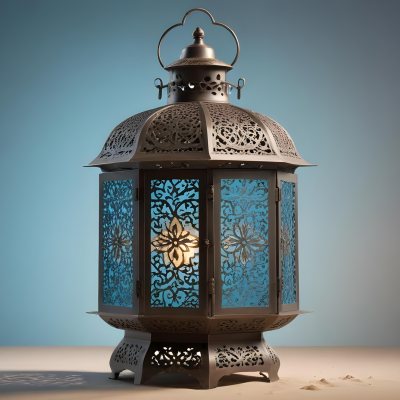 An Ornate Metal Lantern With Intricate Floral Cutouts Casting A Warm Glow On A Sandy Surface Against A Soft Gradient Blue Background 35 D899