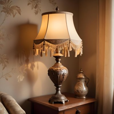An Ornate Vintage Table Lamp With A Brown Base And A Beige Lampshade With Tassels 11 2de3
