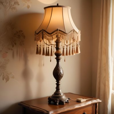 An Ornate Vintage Table Lamp With A Brown Base And A Beige Lampshade With Tassels 12 1204