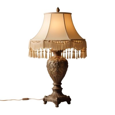 An Ornate Vintage Table Lamp With A Brown Base And A Beige Lampshade With Tassels 16 D8be