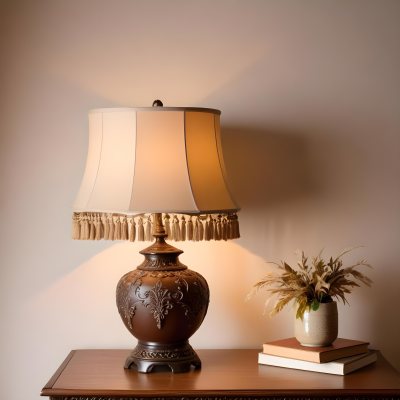 An Ornate Vintage Table Lamp With A Brown Base And A Beige Lampshade With Tassels 2 4d5d