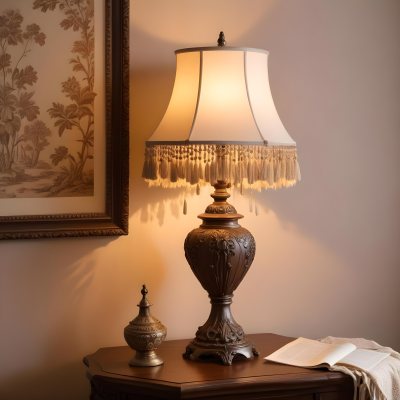 An Ornate Vintage Table Lamp With A Brown Base And A Beige Lampshade With Tassels 3 8016