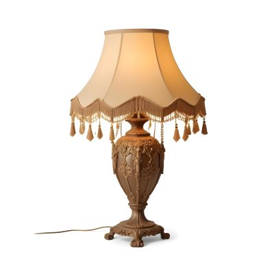An Ornate Vintage Table Lamp With A Brown Base And A Beige Lampshade With Tassels 4 259d