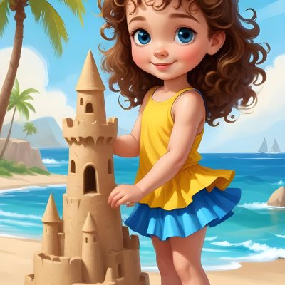 Digital Painting A Caucasian Girl 4 Years Old Brown Curly Hair Blue Top And Yellow Skirt Building A Sand Castle On The Beach With Palm Trees And Blue Sea Bold And Slim Lines Brush Strokes 10 388e