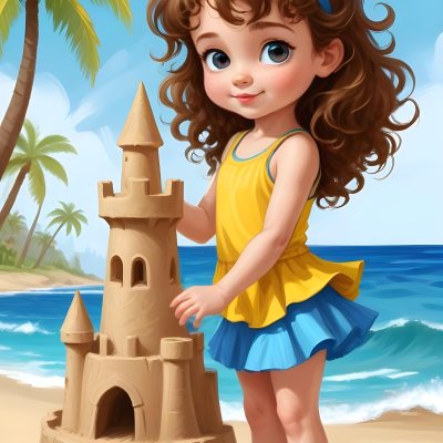 Digital Painting A Caucasian Girl 4 Years Old Brown Curly Hair Blue Top And Yellow Skirt Building A Sand Castle On The Beach With Palm Trees And Blue Sea Bold And Slim Lines Brush Strokes 11 C7e0