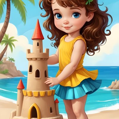 Digital Painting A Caucasian Girl 4 Years Old Brown Curly Hair Blue Top And Yellow Skirt Building A Sand Castle On The Beach With Palm Trees And Blue Sea Bold And Slim Lines Brush Strokes 12 F751