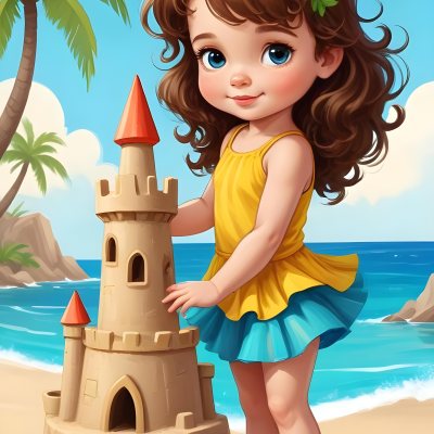 Digital Painting A Caucasian Girl 4 Years Old Brown Curly Hair Blue Top And Yellow Skirt Building A Sand Castle On The Beach With Palm Trees And Blue Sea Bold And Slim Lines Brush Strokes 15 105b