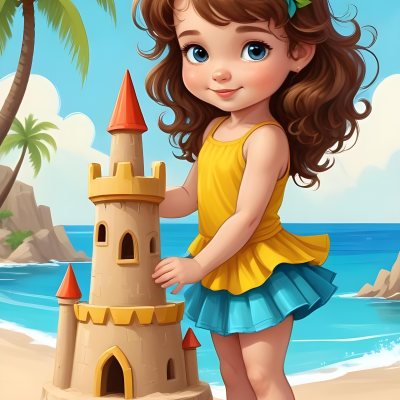 Digital Painting A Caucasian Girl 4 Years Old Brown Curly Hair Blue Top And Yellow Skirt Building A Sand Castle On The Beach With Palm Trees And Blue Sea Bold And Slim Lines Brush Strokes 16 5c0d