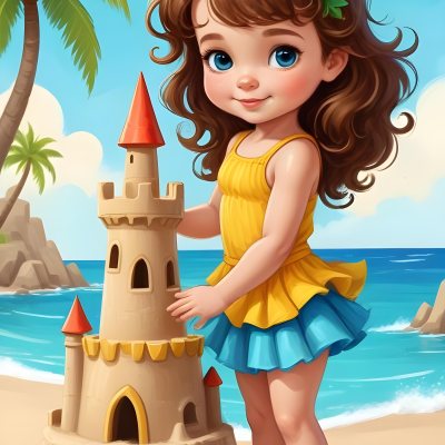 Digital Painting A Caucasian Girl 4 Years Old Brown Curly Hair Blue Top And Yellow Skirt Building A Sand Castle On The Beach With Palm Trees And Blue Sea Bold And Slim Lines Brush Strokes 18 D06d