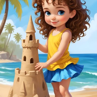 Digital Painting A Caucasian Girl 4 Years Old Brown Curly Hair Blue Top And Yellow Skirt Building A Sand Castle On The Beach With Palm Trees And Blue Sea Bold And Slim Lines Brush Strokes 19 Cb5d
