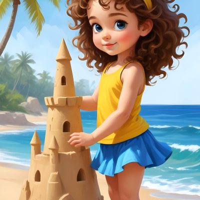 Digital Painting A Caucasian Girl 4 Years Old Brown Curly Hair Blue Top And Yellow Skirt Building A Sand Castle On The Beach With Palm Trees And Blue Sea Bold And Slim Lines Brush Strokes 2 268d