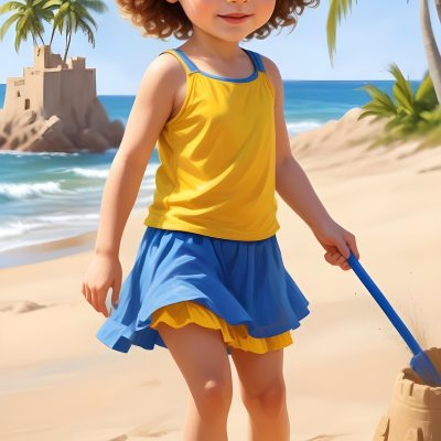 Digital Painting A Caucasian Girl 4 Years Old Brown Curly Hair Blue Top And Yellow Skirt Building A Sand Castle On The Beach With Palm Trees And Blue Sea Bold And Slim Lines Brush Strokes 3 02f0