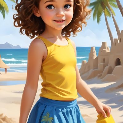 Digital Painting A Caucasian Girl 4 Years Old Brown Curly Hair Blue Top And Yellow Skirt Building A Sand Castle On The Beach With Palm Trees And Blue Sea Bold And Slim Lines Brush Strokes 5 1bdd