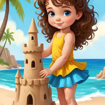 Digital Painting A Caucasian Girl 4 Years Old Brown Curly Hair Blue Top And Yellow Skirt Building A Sand Castle On The Beach With Palm Trees And Blue Sea Bold And Slim Lines Brush Strokes 8 Bc20