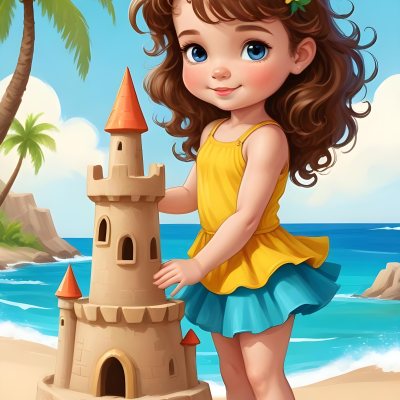 Digital Painting A Caucasian Girl 4 Years Old Brown Curly Hair Blue Top And Yellow Skirt Building A Sand Castle On The Beach With Palm Trees And Blue Sea Bold And Slim Lines Brush Strokes 9 86fc