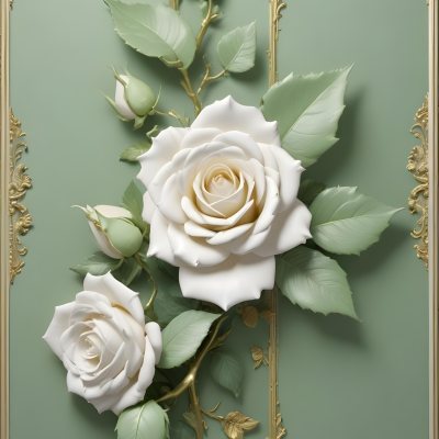 Digital Painting A Close Up Of Two Large White Roses With Gold Leaves And Stems Against A Light Green Background With Ornate Gold Framing Bold And Slim Lines Brush Strokes 19 A995