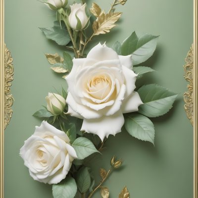 Digital Painting A Close Up Of Two Large White Roses With Gold Leaves And Stems Against A Light Green Background With Ornate Gold Framing Bold And Slim Lines Brush Strokes 27 8948