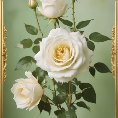 Digital Painting A Close Up Of Two Large White Roses With Gold Leaves And Stems Against A Light Green Background With Ornate Gold Framing Bold And Slim Lines Brush Strokes 28 Ef3f