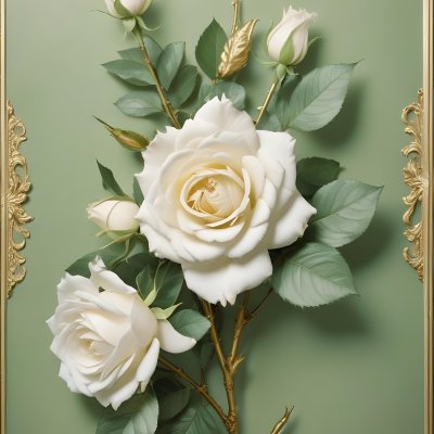 Digital Painting A Close Up Of Two Large White Roses With Gold Leaves And Stems Against A Light Green Background With Ornate Gold Framing Bold And Slim Lines Brush Strokes 29 Ef6c