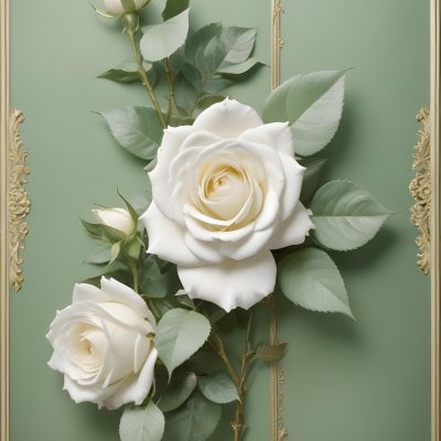 Digital Painting A Close Up Of Two Large White Roses With Gold Leaves And Stems Against A Light Green Background With Ornate Gold Framing Bold And Slim Lines Brush Strokes 30 A12b