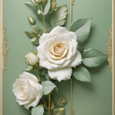 Digital Painting A Close Up Of Two Large White Roses With Gold Leaves And Stems Against A Light Green Background With Ornate Gold Framing Bold And Slim Lines Brush Strokes 37 E746