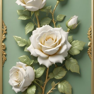 Digital Painting A Close Up Of Two Large White Roses With Gold Leaves And Stems Against A Light Green Background With Ornate Gold Framing Bold And Slim Lines Brush Strokes 4 91f8