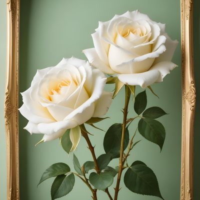 Digital Painting A Close Up Of Two Large White Roses With Gold Leaves And Stems Against A Light Green Background With Ornate Gold Framing Bold And Slim Lines Brush Strokes 49 76d4