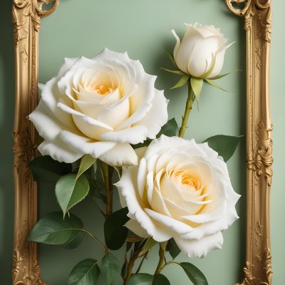 Digital Painting A Close Up Of Two Large White Roses With Gold Leaves And Stems Against A Light Green Background With Ornate Gold Framing Bold And Slim Lines Brush Strokes 51 Ea28