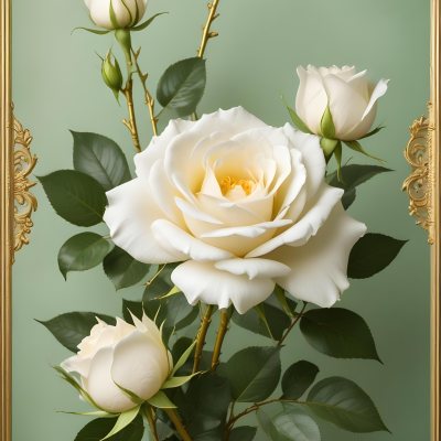 Digital Painting A Close Up Of Two Large White Roses With Gold Leaves And Stems Against A Light Green Background With Ornate Gold Framing Bold And Slim Lines Brush Strokes 55 10a9