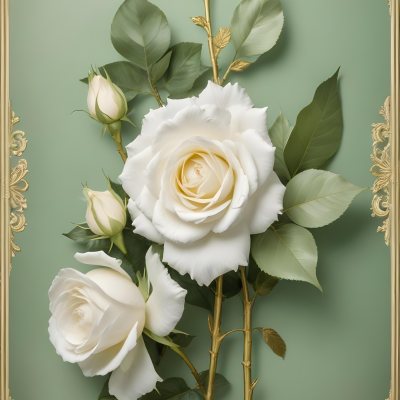 Digital Painting A Close Up Of Two Large White Roses With Gold Leaves And Stems Against A Light Green Background With Ornate Gold Framing Bold And Slim Lines Brush Strokes 56 2e3e