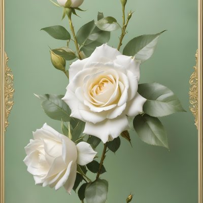 Digital Painting A Close Up Of Two Large White Roses With Gold Leaves And Stems Against A Light Green Background With Ornate Gold Framing Bold And Slim Lines Brush Strokes 61 A0fd