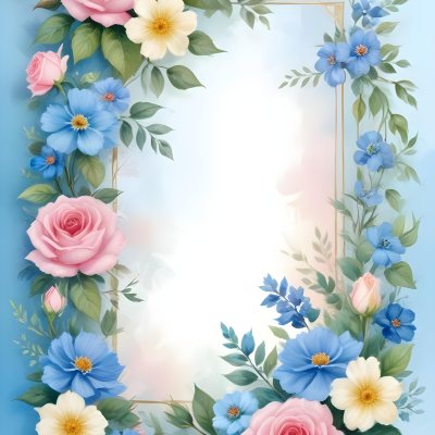 Digital Painting A Floral Frame With Pink Roses Blue Flowers And Green Leaves On A Light Blue Background Bold And Slim Lines Brush Strokes 11 2361