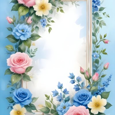 Digital Painting A Floral Frame With Pink Roses Blue Flowers And Green Leaves On A Light Blue Background Bold And Slim Lines Brush Strokes 17 9aac
