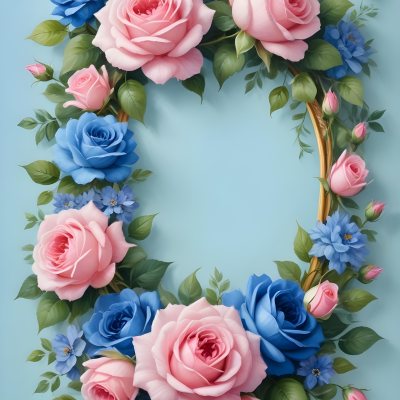 Digital Painting A Floral Frame With Pink Roses Blue Flowers And Green Leaves On A Light Blue Background Bold And Slim Lines Brush Strokes 21 884a