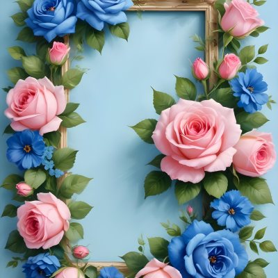 Digital Painting A Floral Frame With Pink Roses Blue Flowers And Green Leaves On A Light Blue Background Bold And Slim Lines Brush Strokes 22 Ef2a