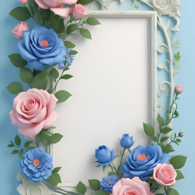Digital Painting A Floral Frame With Pink Roses Blue Flowers And Green Leaves On A Light Blue Background Bold And Slim Lines Brush Strokes 31 F40e