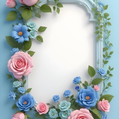 Digital Painting A Floral Frame With Pink Roses Blue Flowers And Green Leaves On A Light Blue Background Bold And Slim Lines Brush Strokes 36 Fa58