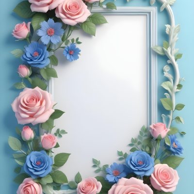 Digital Painting A Floral Frame With Pink Roses Blue Flowers And Green Leaves On A Light Blue Background Bold And Slim Lines Brush Strokes 40 5ae5