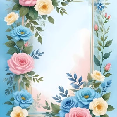 Digital Painting A Floral Frame With Pink Roses Blue Flowers And Green Leaves On A Light Blue Background Bold And Slim Lines Brush Strokes 43 C135