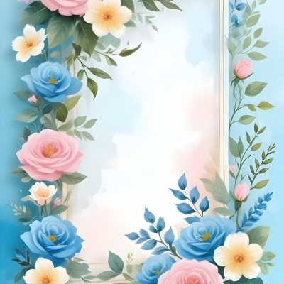 Digital Painting A Floral Frame With Pink Roses Blue Flowers And Green Leaves On A Light Blue Background Bold And Slim Lines Brush Strokes 46 Fe14