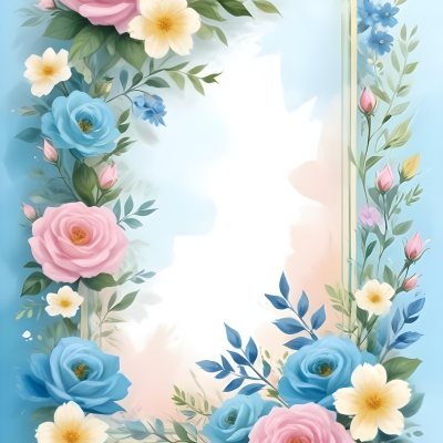 Digital Painting A Floral Frame With Pink Roses Blue Flowers And Green Leaves On A Light Blue Background Bold And Slim Lines Brush Strokes 47 Cb30