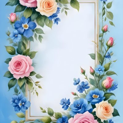 Digital Painting A Floral Frame With Pink Roses Blue Flowers And Green Leaves On A Light Blue Background Bold And Slim Lines Brush Strokes 8 C03b