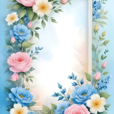 Digital Painting A Floral Frame With Pink Roses Blue Flowers And Green Leaves On A Light Blue Background Bold And Slim Lines Brush Strokes 9 C2f7