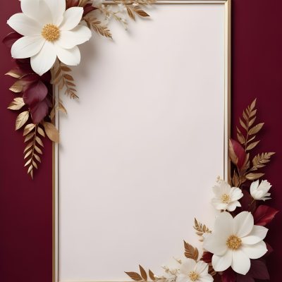 Digital Painting A Floral Frame With White Flowers Leaves And Gold Accents On A Burgundy Background Bold And Slim Lines Brush Strokes 16 535e