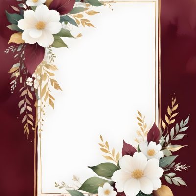 Digital Painting A Floral Frame With White Flowers Leaves And Gold Accents On A Burgundy Background Bold And Slim Lines Brush Strokes 2 8720