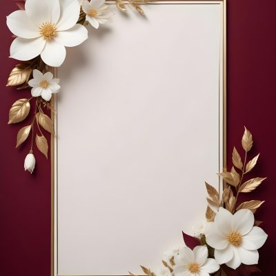Digital Painting A Floral Frame With White Flowers Leaves And Gold Accents On A Burgundy Background Bold And Slim Lines Brush Strokes 25 B390